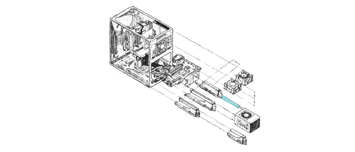 Technical pen-and-ink exploded isometric diagram of a desktop PC build